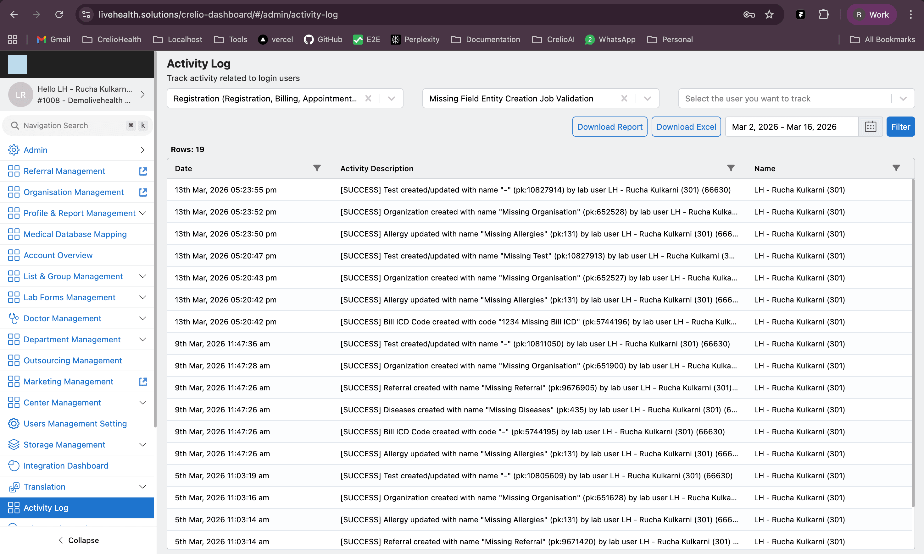 Activity log - entity creation