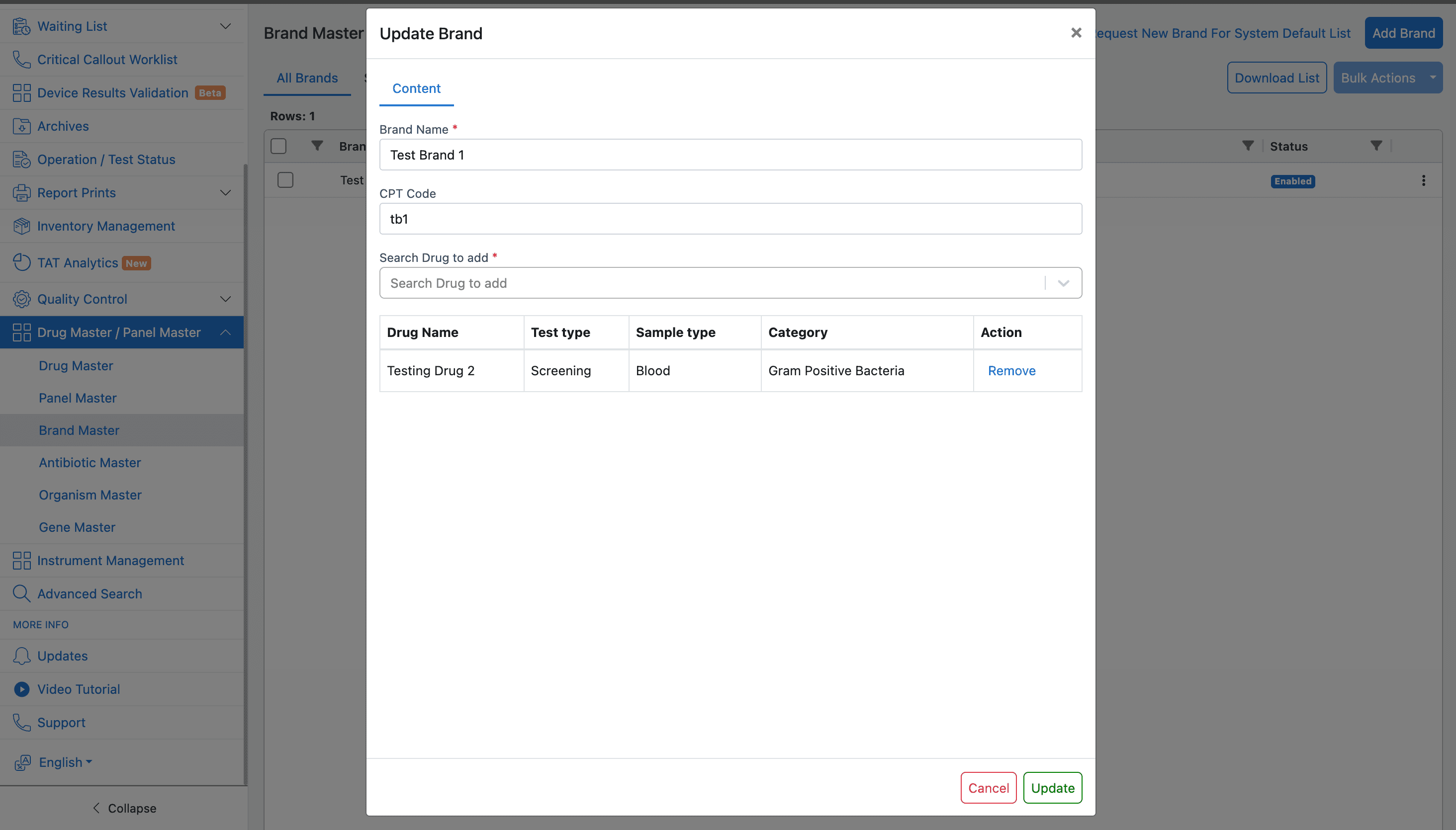 Brand Master update modal with selected drug