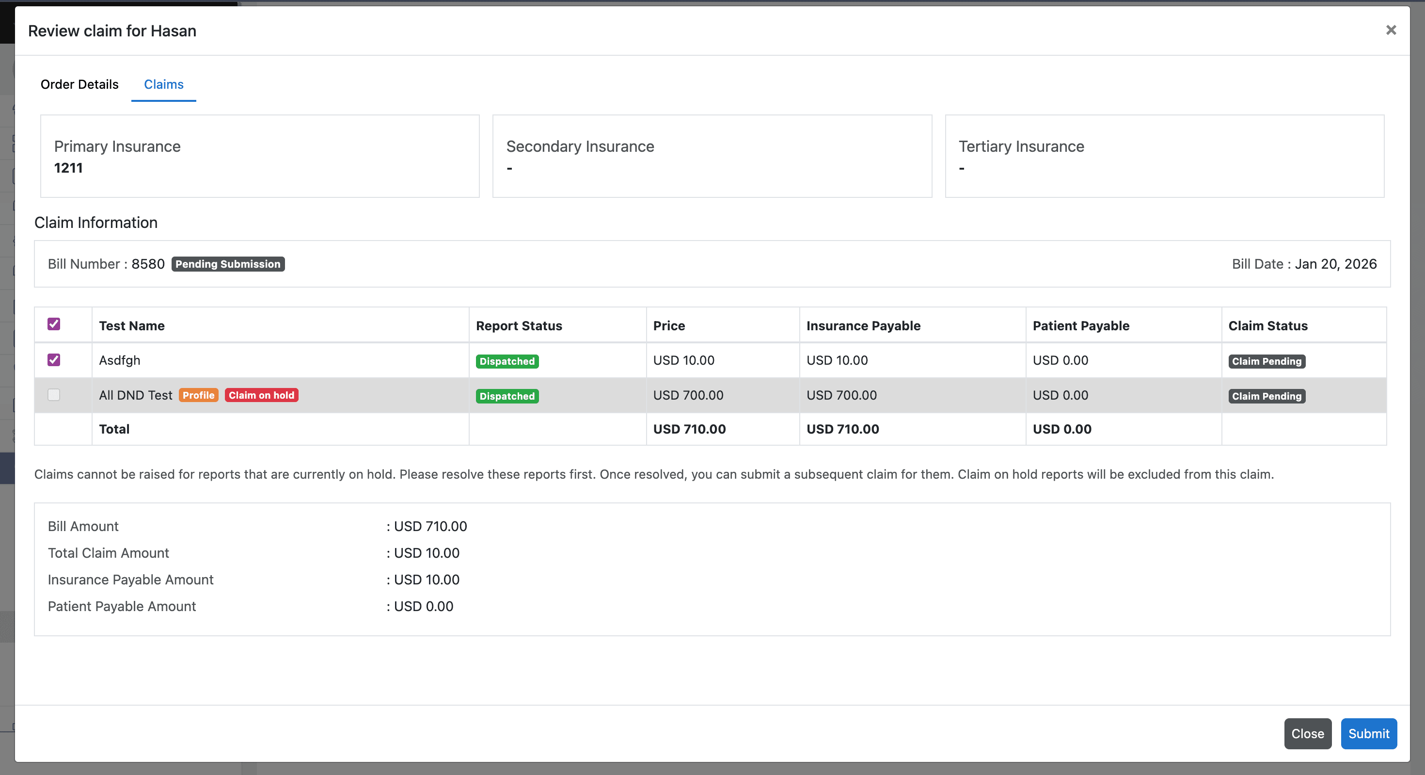 Claim submission modal