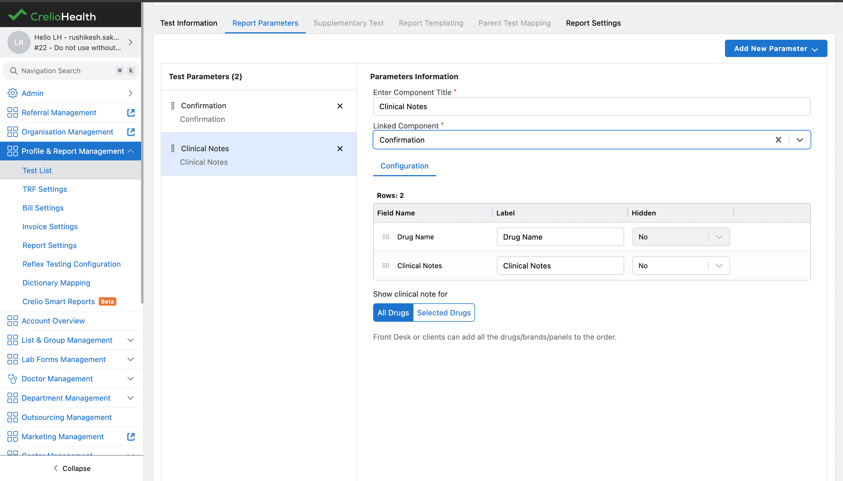 Clinical Notes component linked to Confirmation with drug name and clinical notes fields