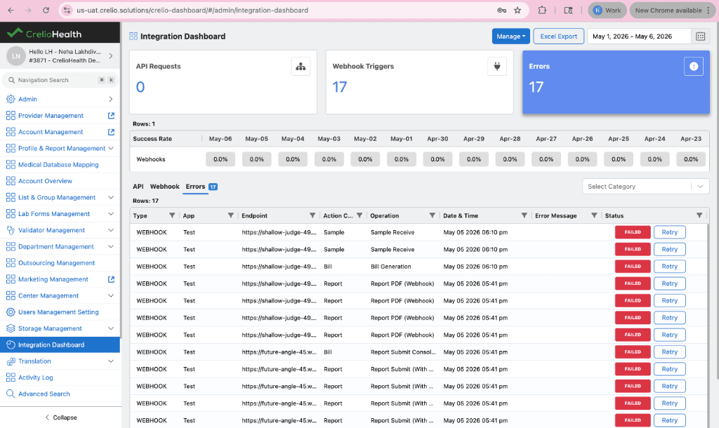 Integration Dashboard — Errors tab with 17 errors, showing all Webhook rows as FAILED with Retry buttons