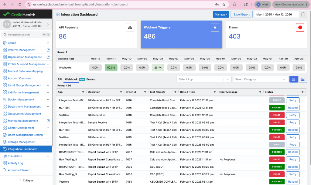Integration Dashboard — Webhook tab showing 486 rows with QUEUED, SUCCESS, and FAILED statuses across Bill Generation HL7, Sample Receive, and Report Submit operations, with Retry and Resend action buttons