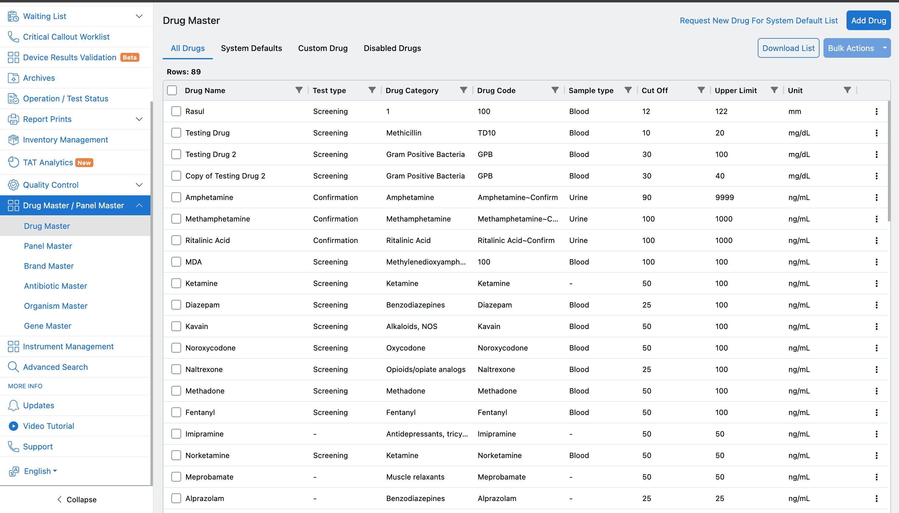 Drug Master list showing toxicology drug records