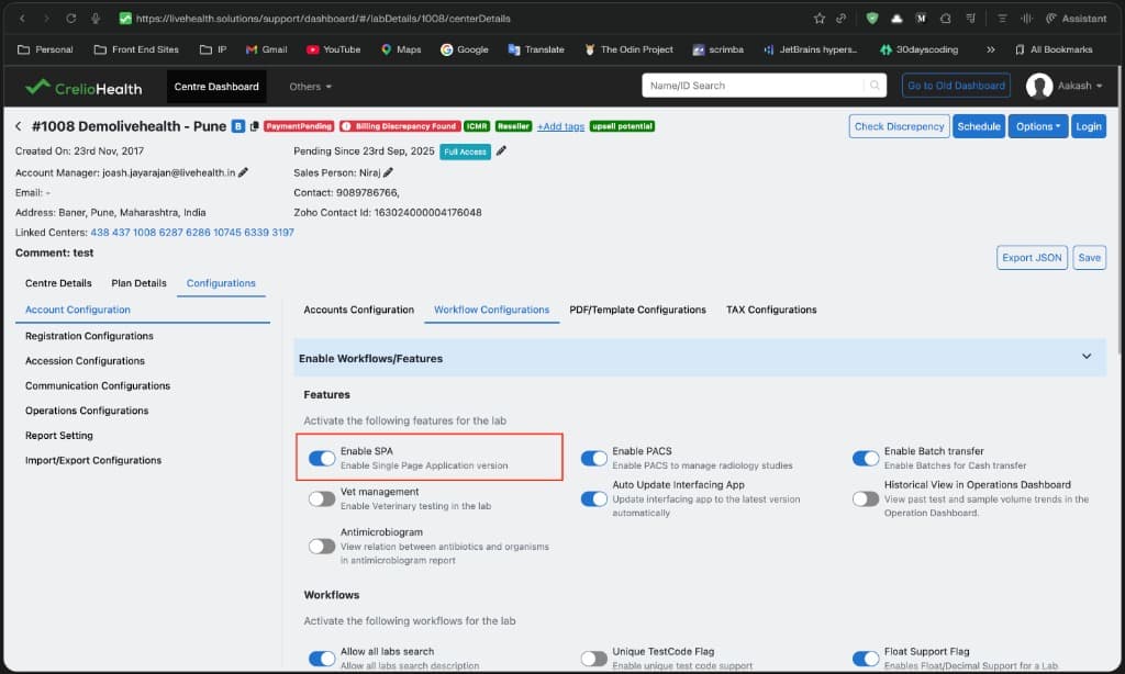 Enable SPA toggle in Support Dashboard