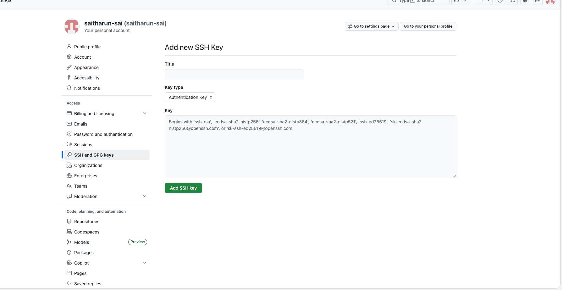 GitHub SSH Key Settings