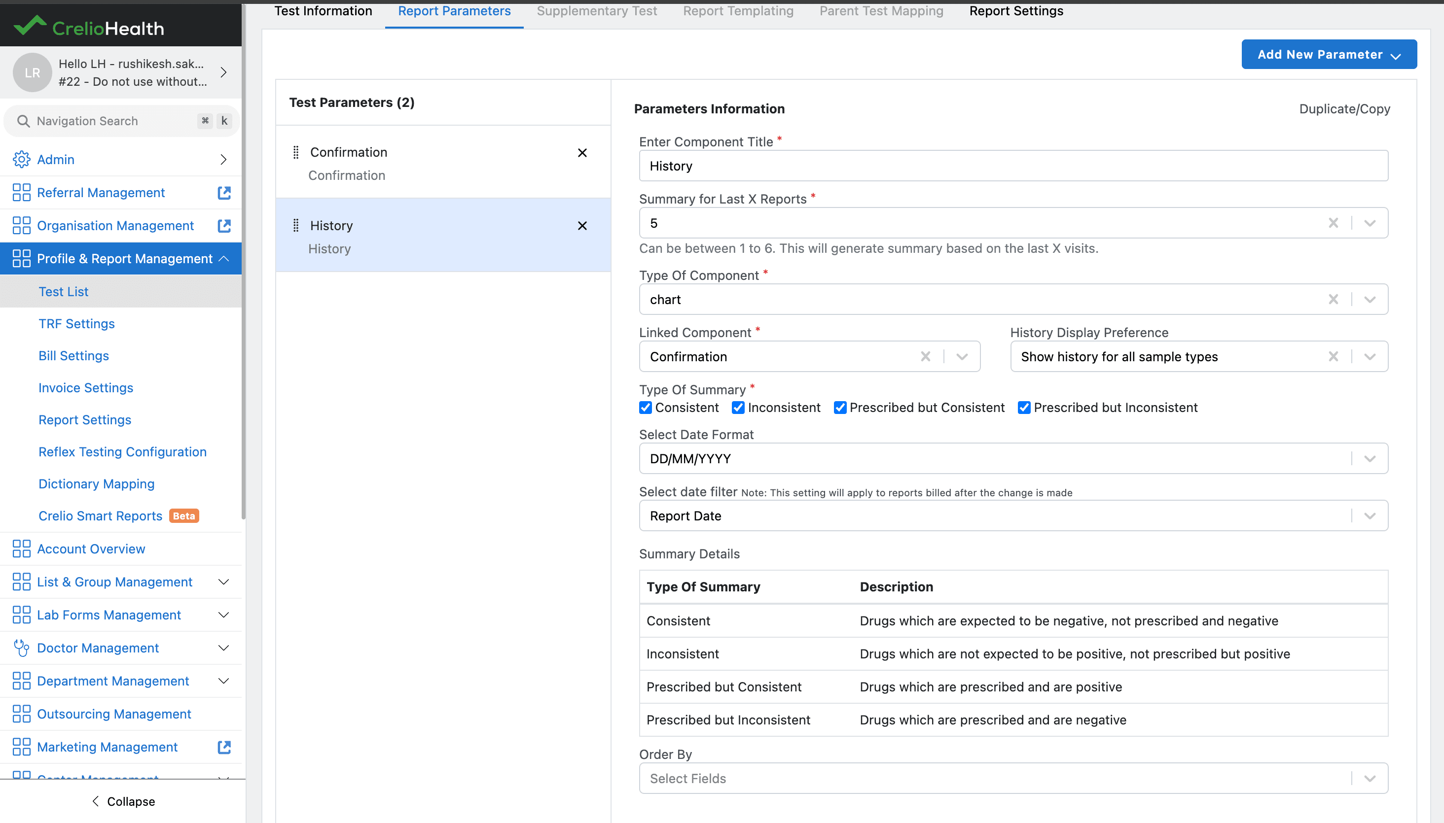 History component configuration with last X reports, linked component, summary types, date format, and date filter