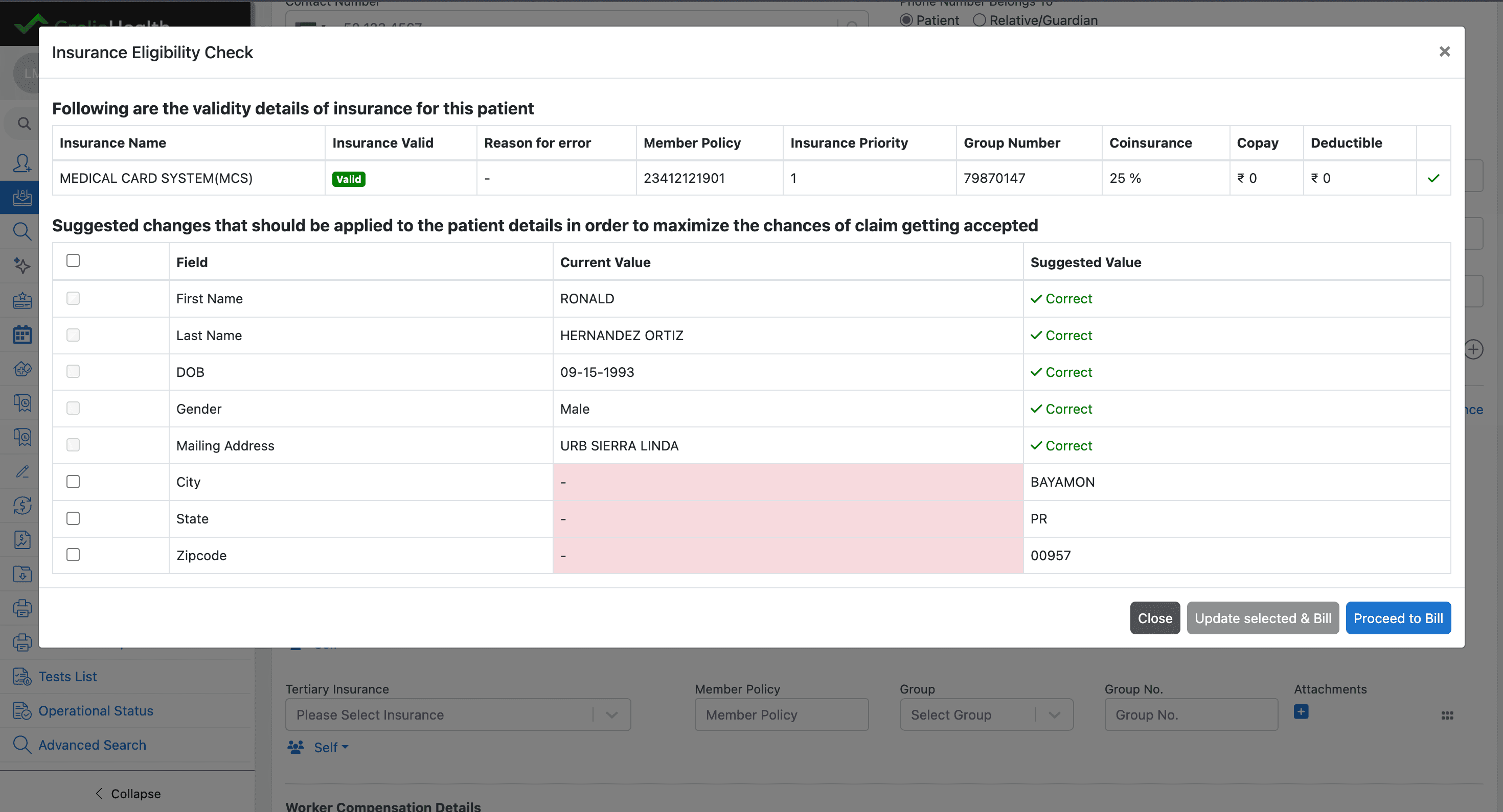 Insurance eligibility modal