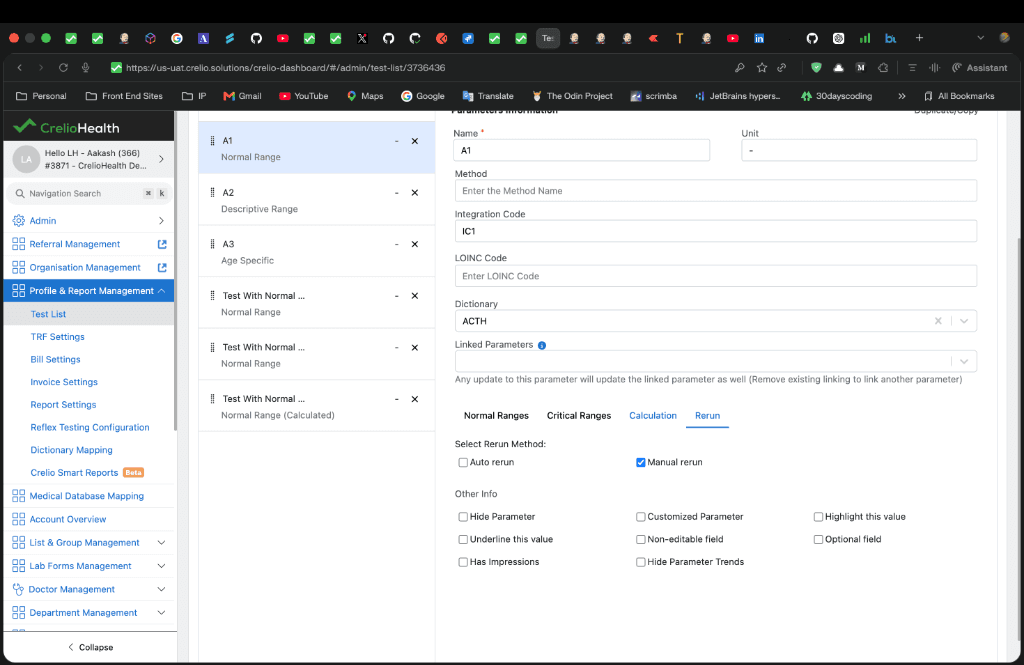 LabAdmin Rerun tab — Auto rerun and Manual rerun checkboxes per parameter in Test List configuration