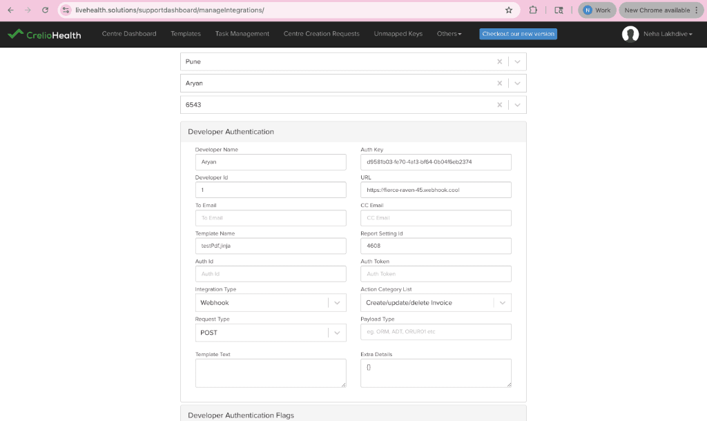 Manage Integrations Page