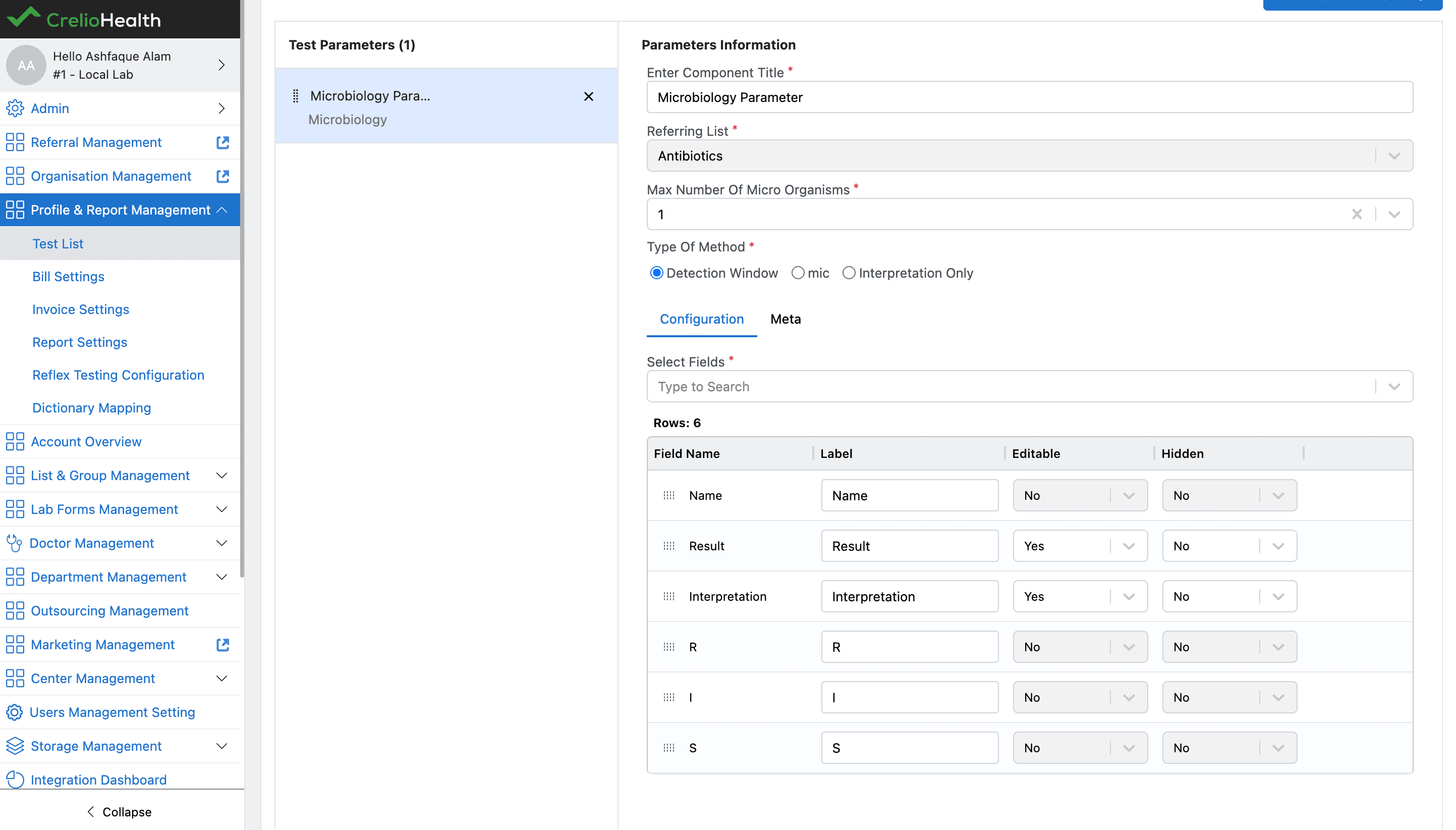 Microbiology Parameter Configuration
