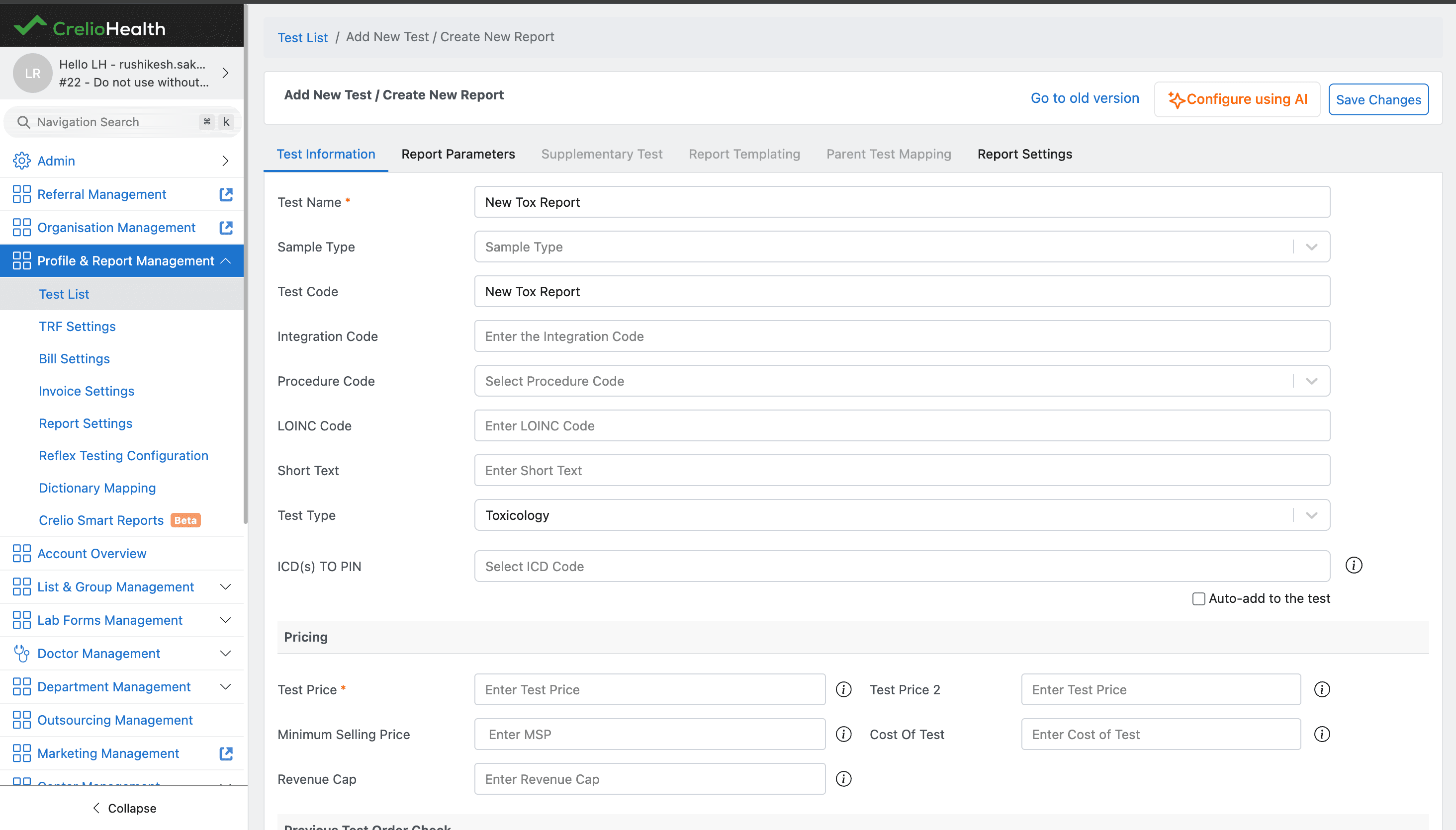 Create new report with test type set to Toxicology