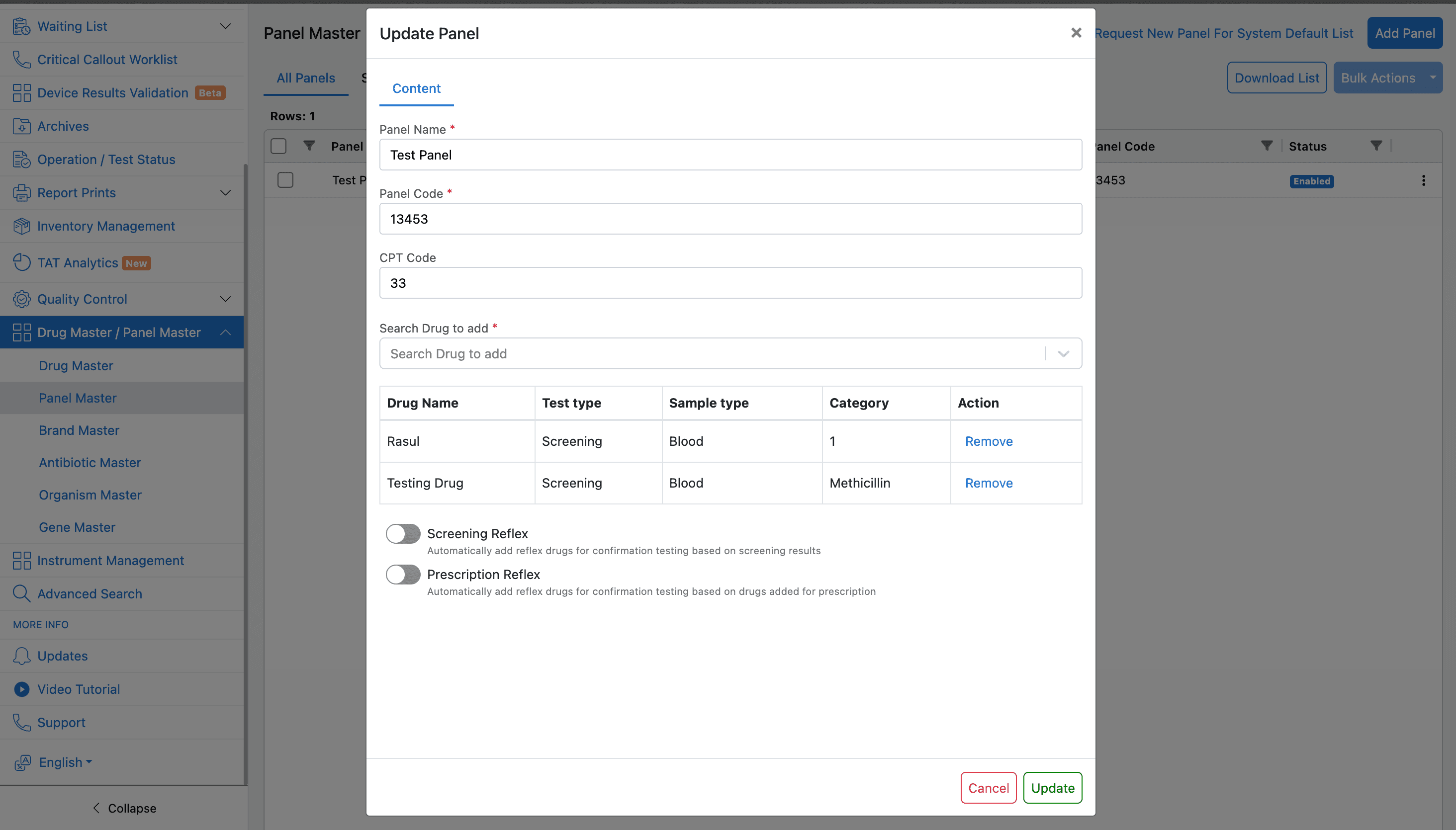 Panel Master update modal with selected drugs and reflex toggles