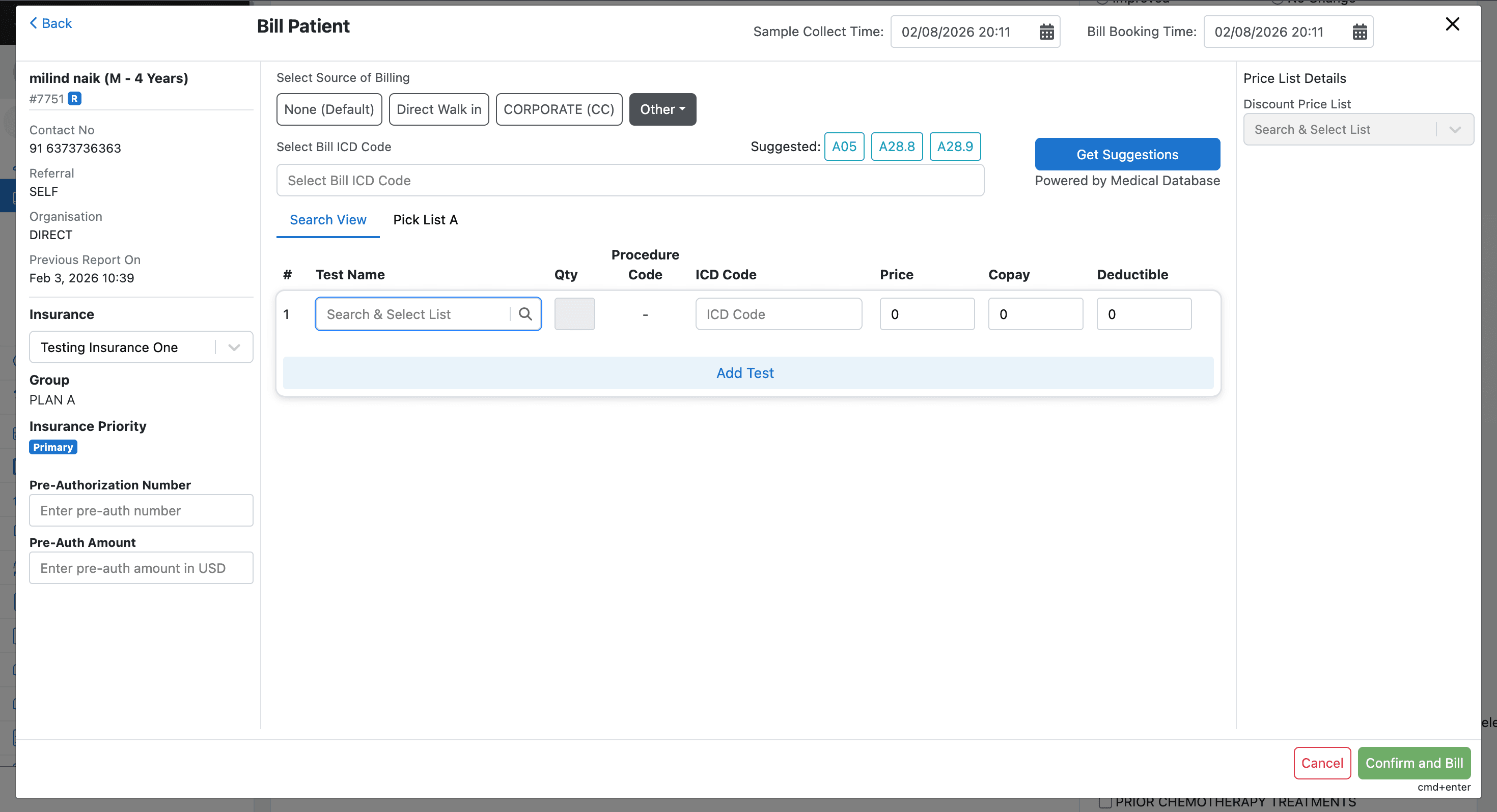 price list selection in billing