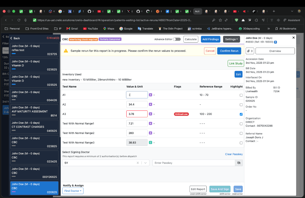 RerunProgressComponent banner with Confirm Rerun and Cancel buttons — Active Reruns sidebar visible (sampleRedrawFlag = 4)