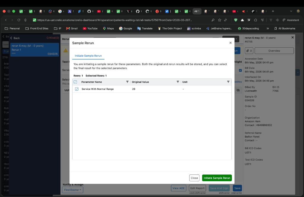Initiate Sample Rerun modal — AgGrid with parameter checkboxes, original values, and units