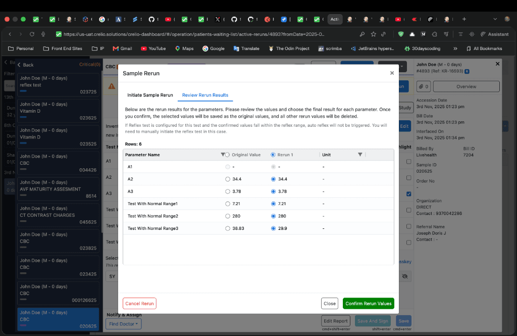 Review Rerun Results modal — radio buttons to choose between original and rerun values per parameter