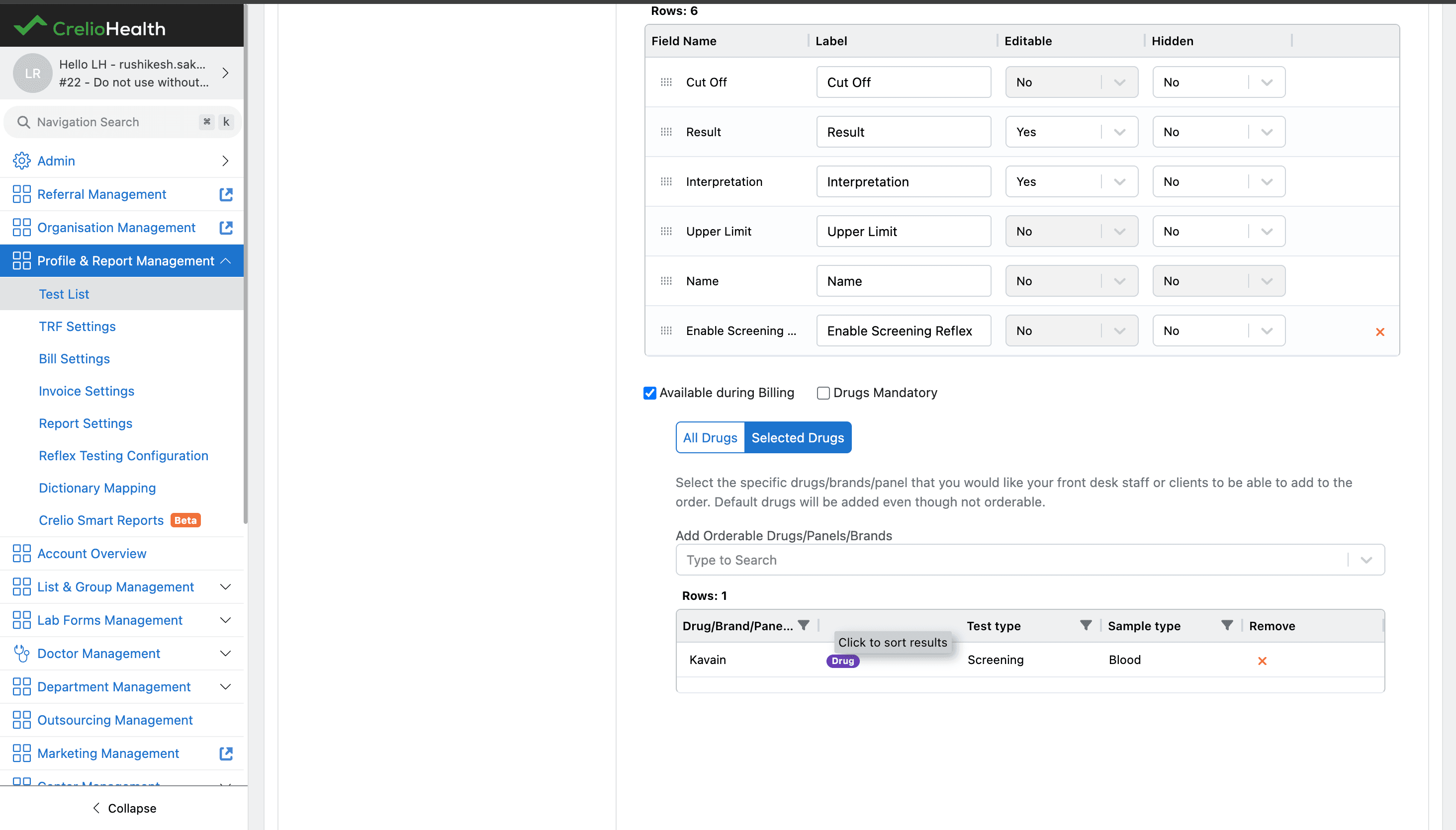 Screening component configuration with Available during Billing enabled and orderable drugs selected