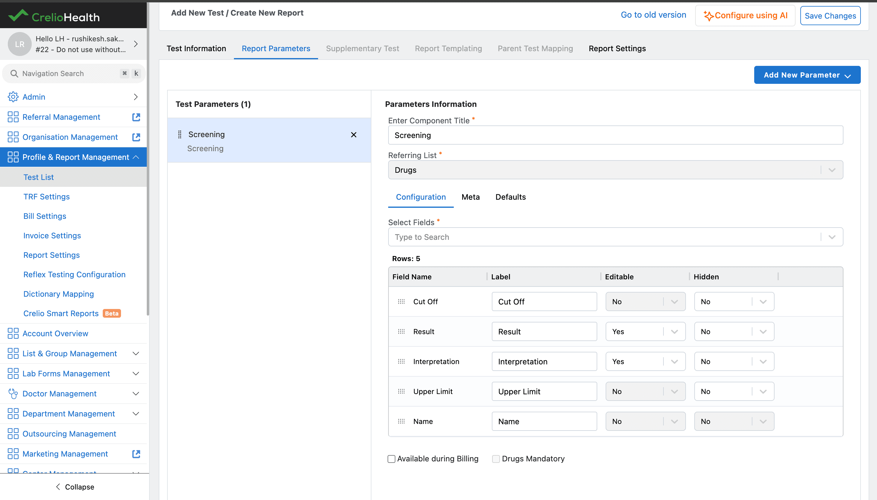 Screening component configuration showing selected fields for report entry