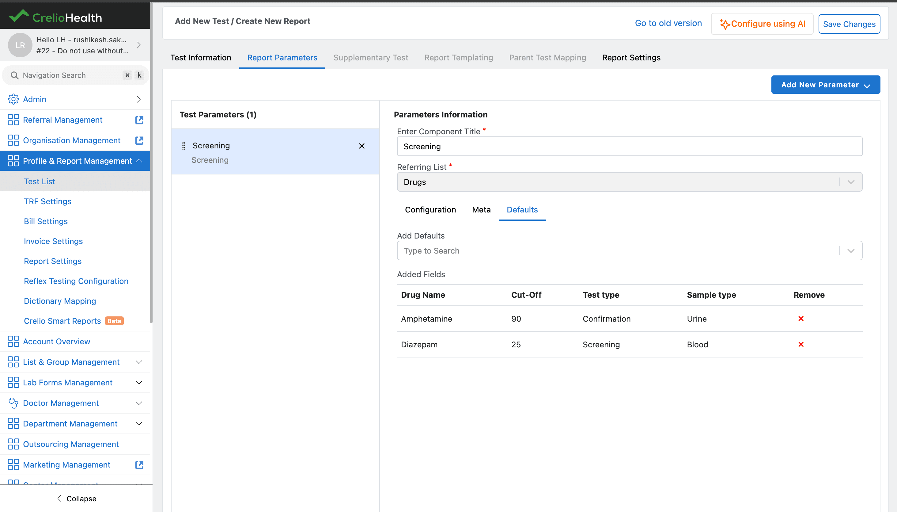 Screening component defaults tab showing default drugs added to Screening