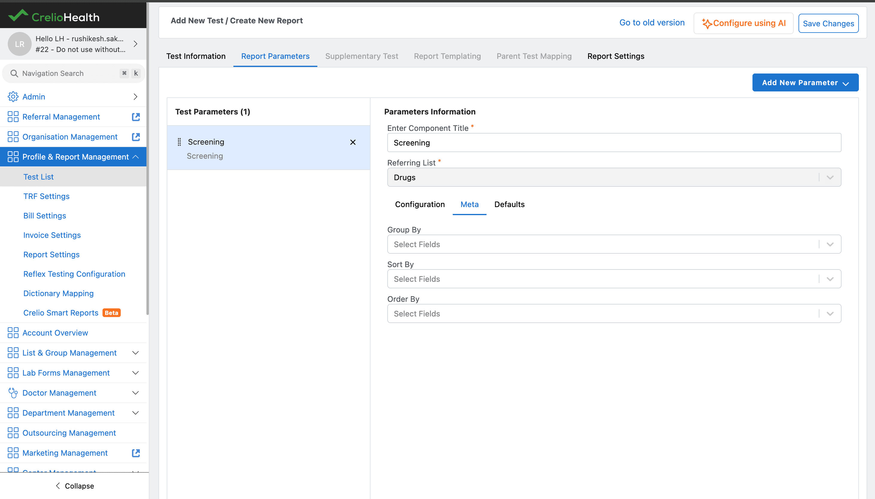 Screening component meta tab with group by, sort by, and order by fields