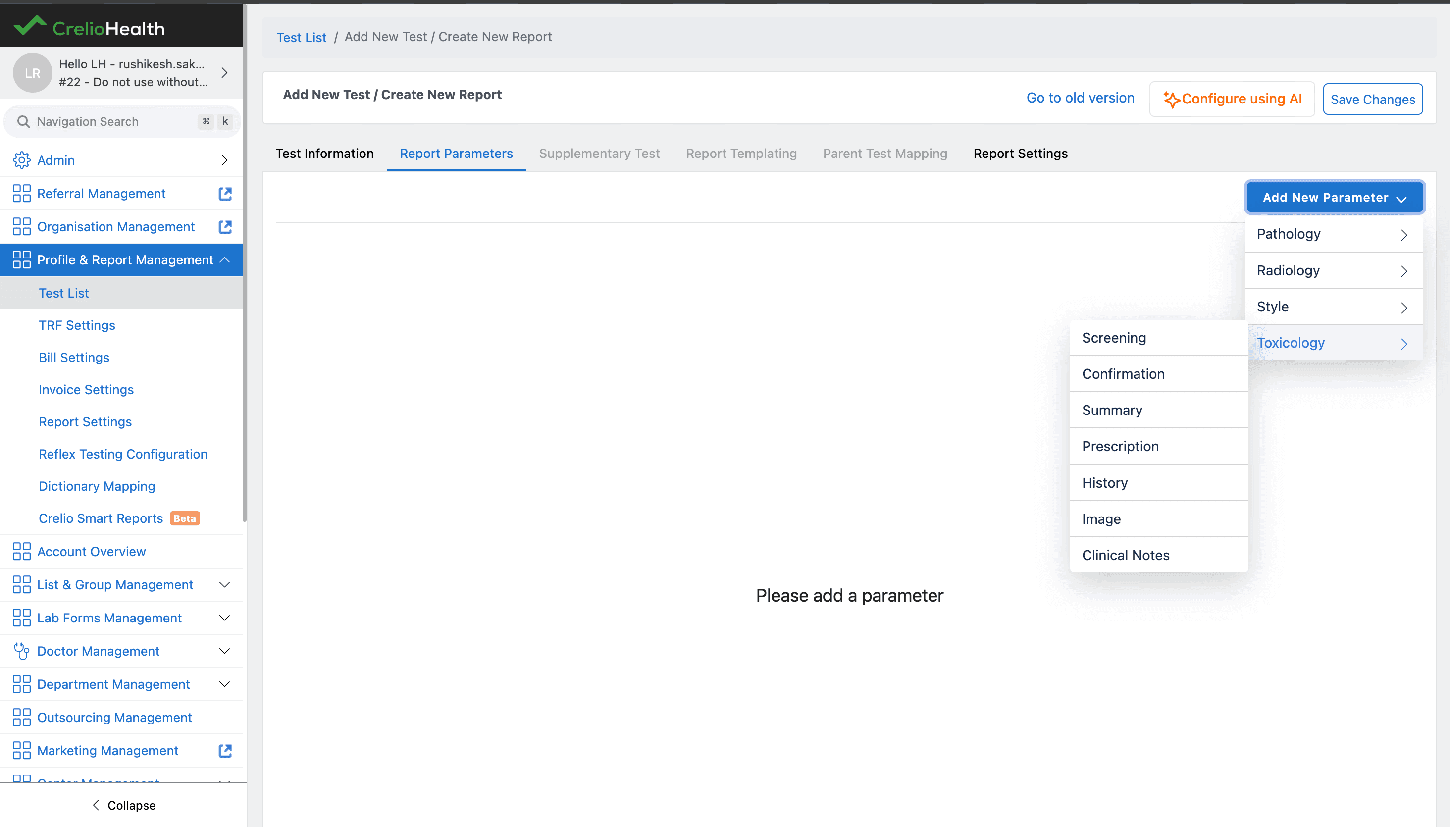 Toxicology report parameter menu showing screening, confirmation, summary, prescription, history, image, and clinical notes