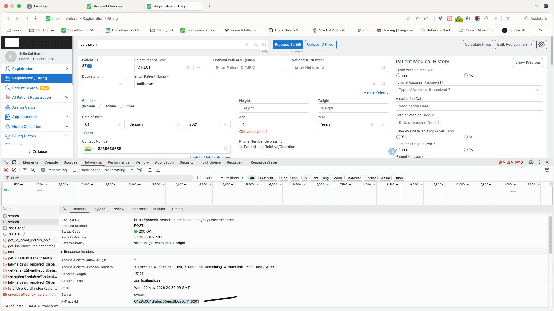 Browser network request for Phoenix Search showing a successful search response and X-Trace-Id header