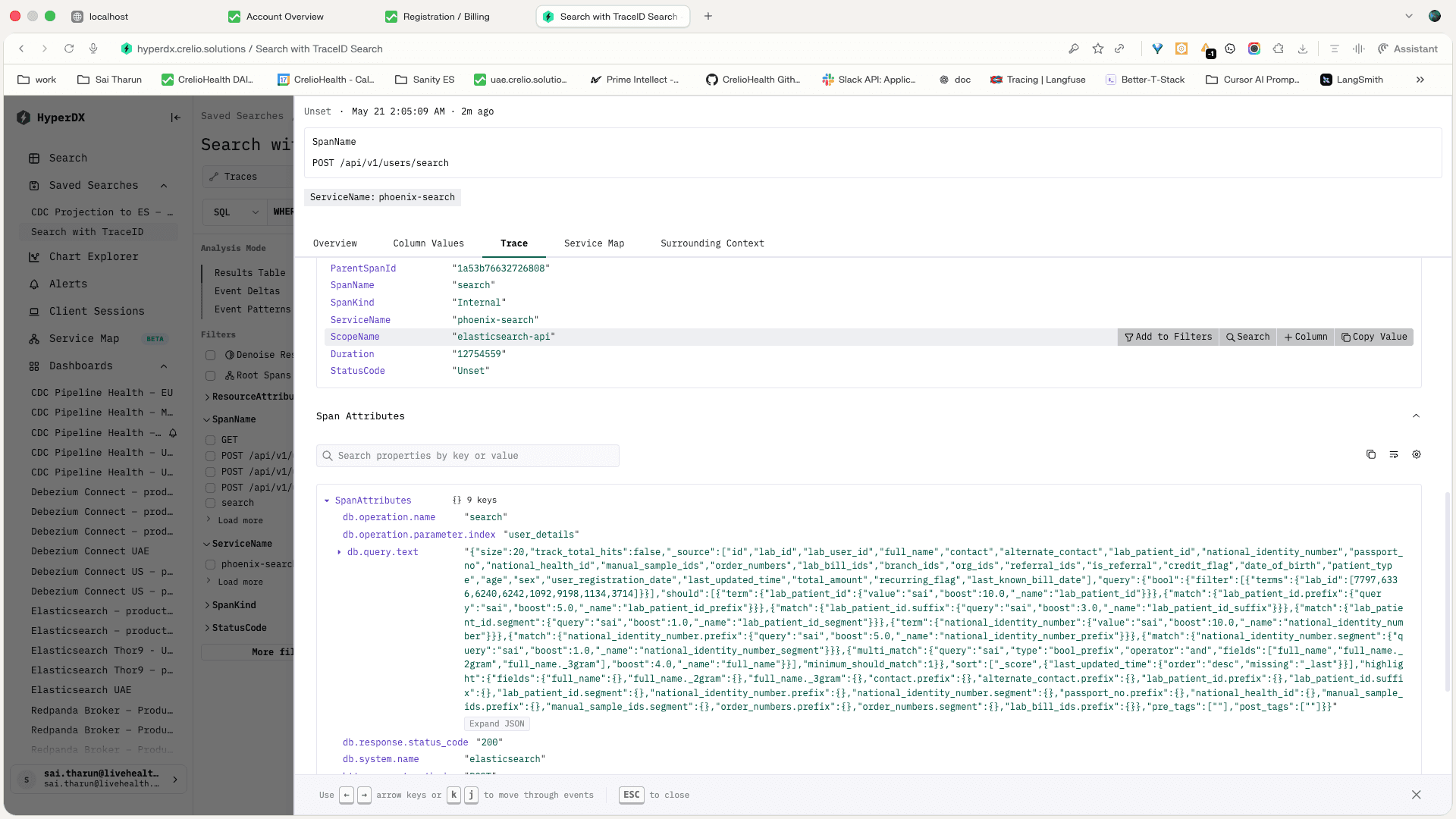 HyperDX Elasticsearch span details showing the user_details search operation and query body