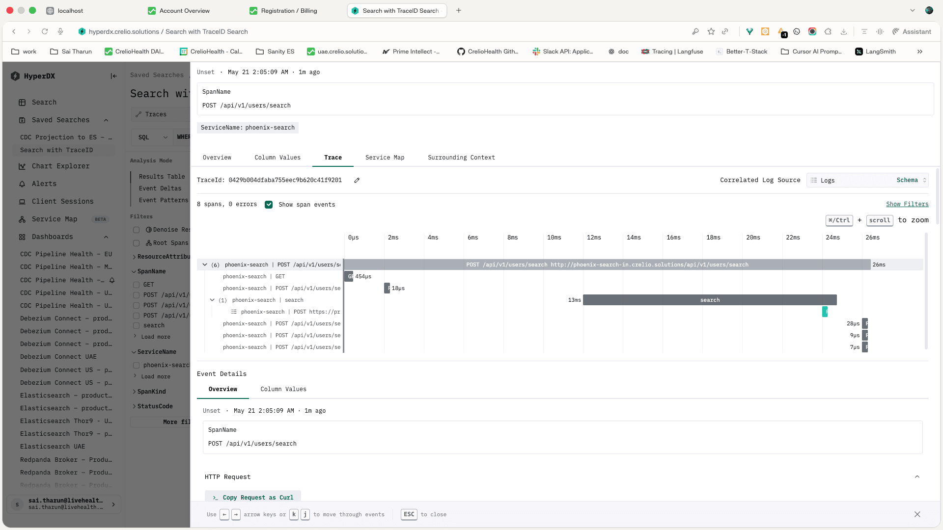 HyperDX trace timeline for POST /api/v1/users/search showing child spans and no trace errors