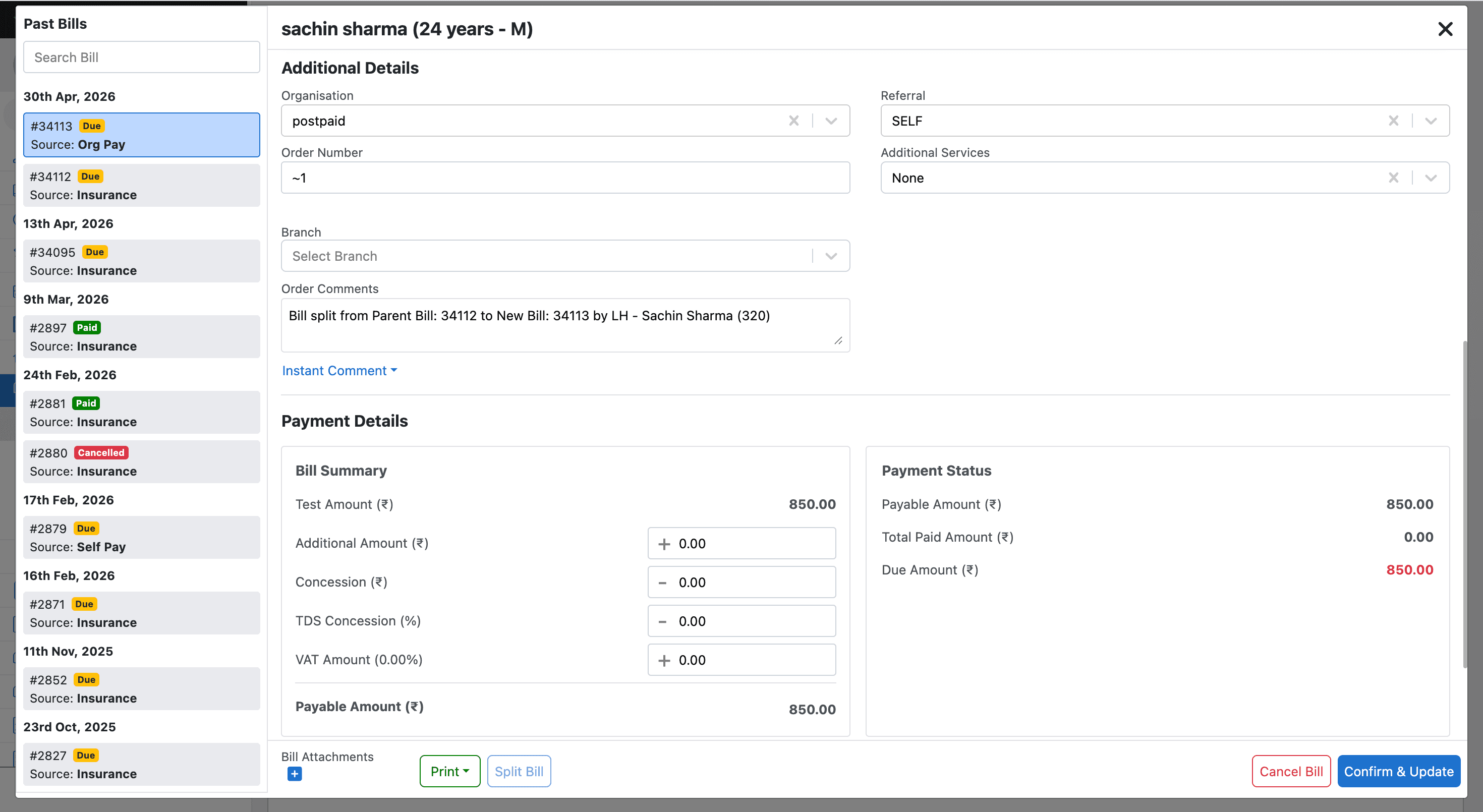 Split bill — additional details and financials